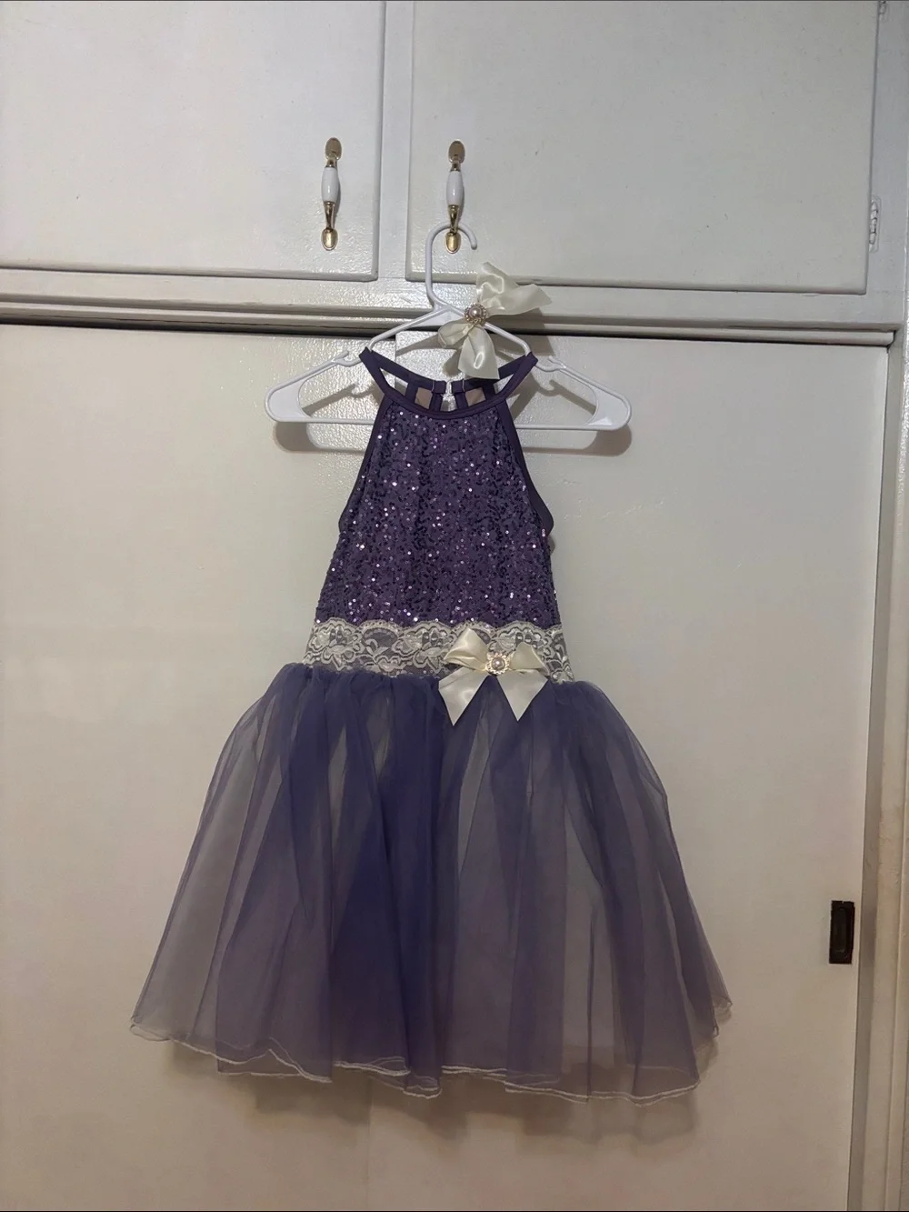 Weissman Purple Sequin Tulle Halter Dress with Ivory Lace Bow
